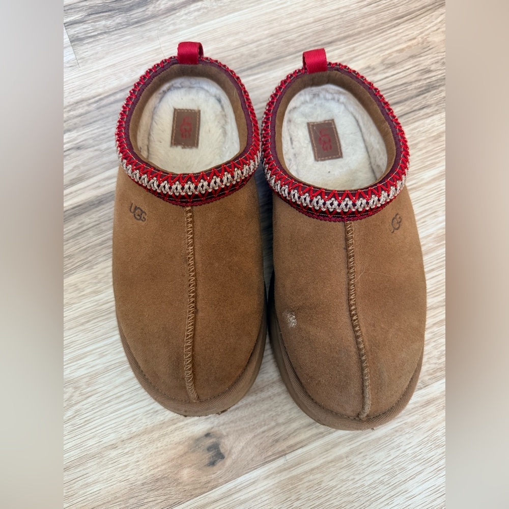 UGG Tasman Suede Slippers with Red Accents